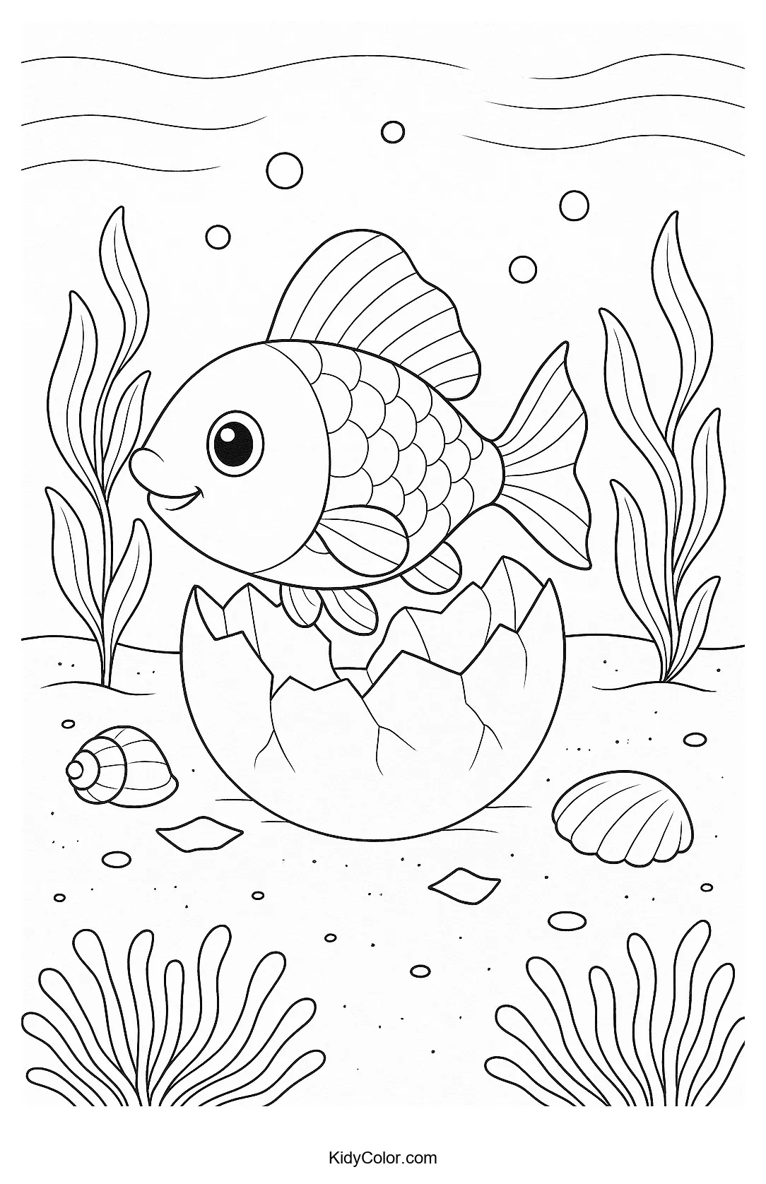 Ocean life hatching from an egg coloring page