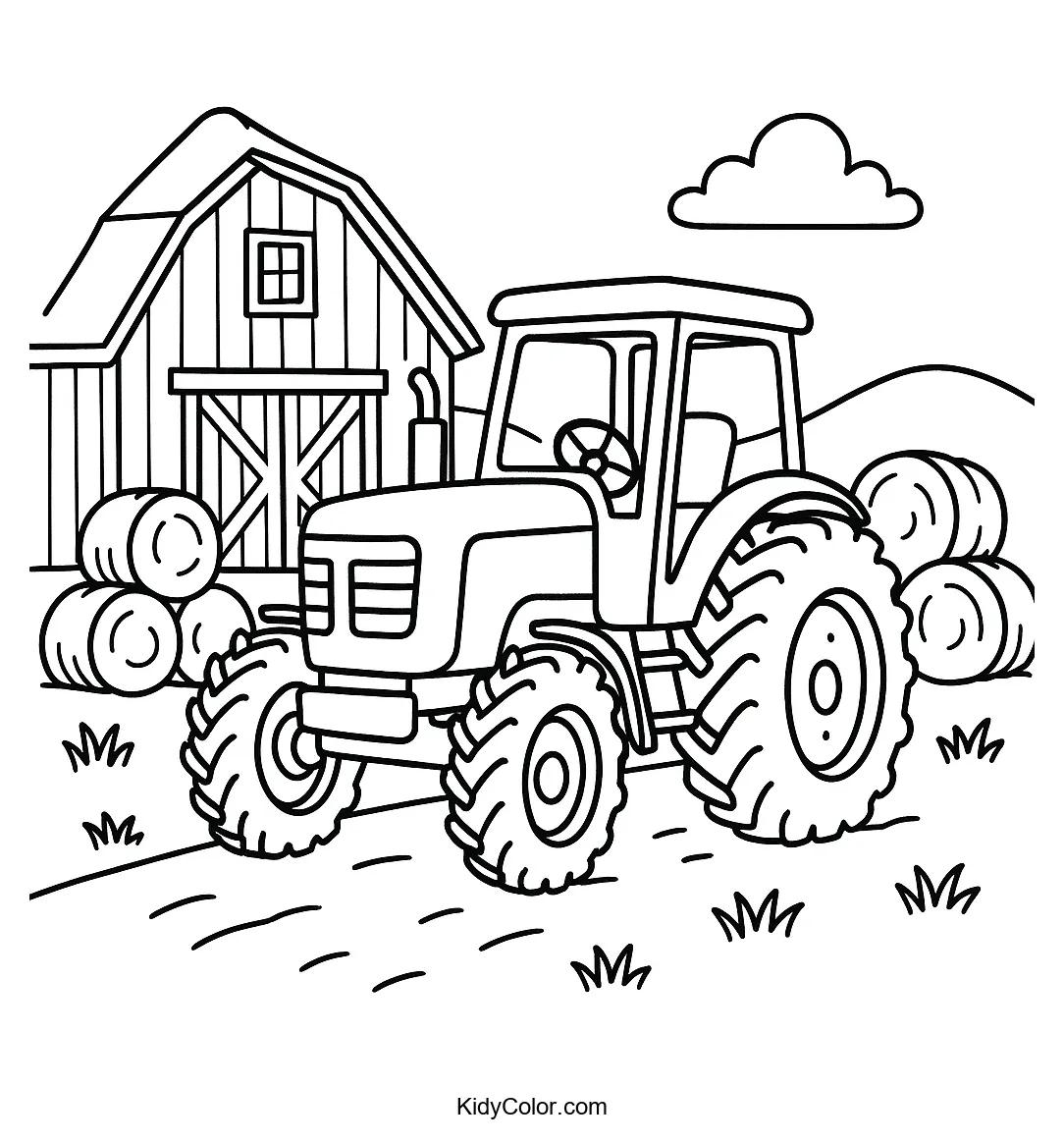 Farm tractor and barn scene for kids to color