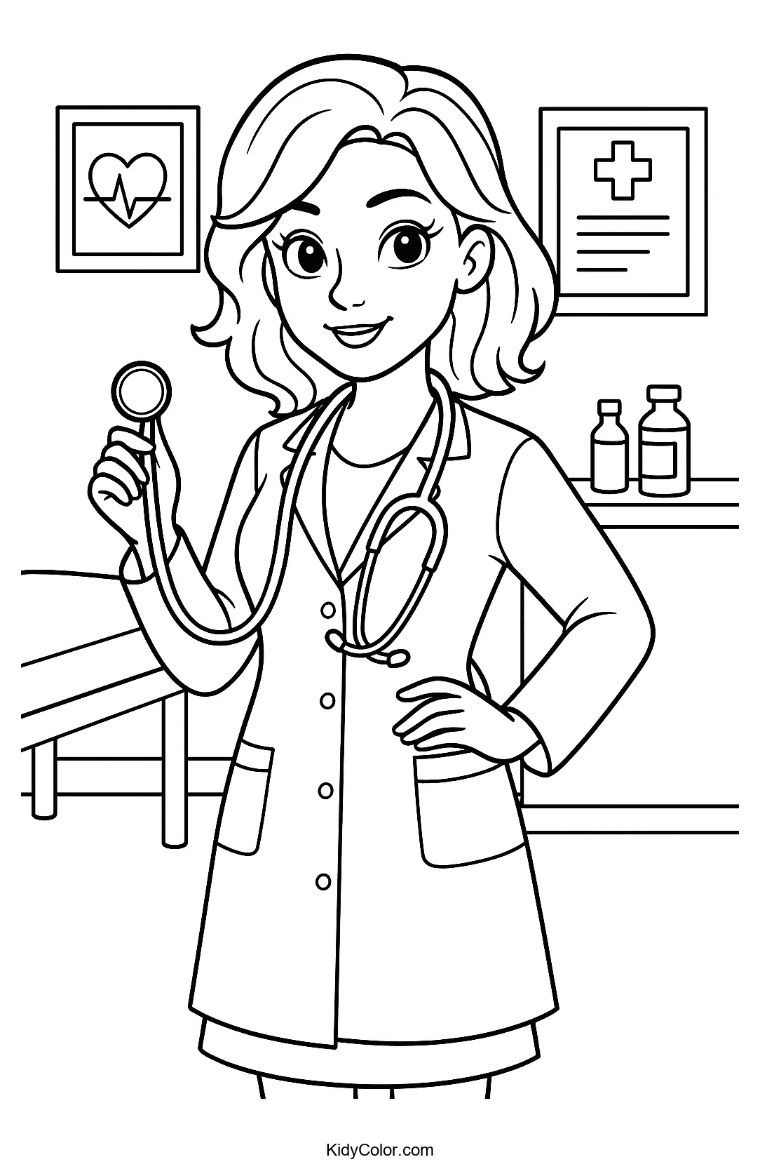 Female doctor in a medical room coloring page