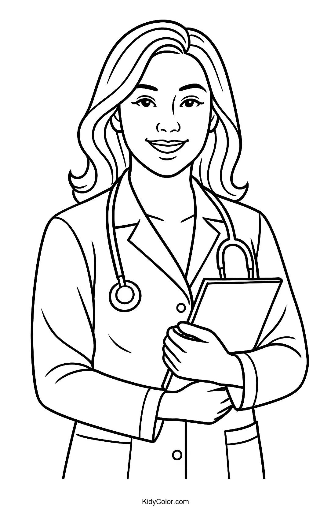 Coloring page of a female doctor holding a clipboard