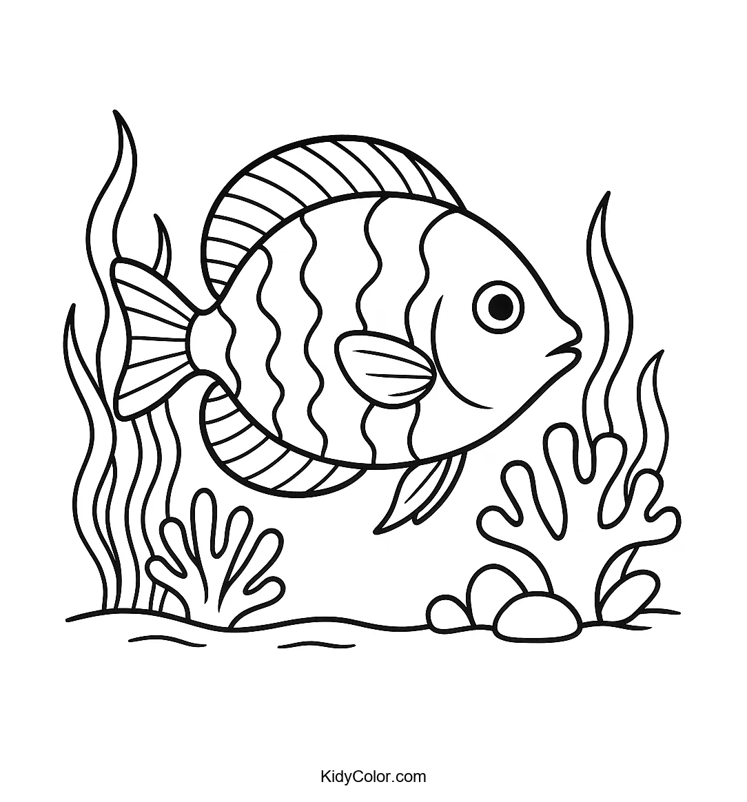 Coloring page of fish swimming among coral and plants.
