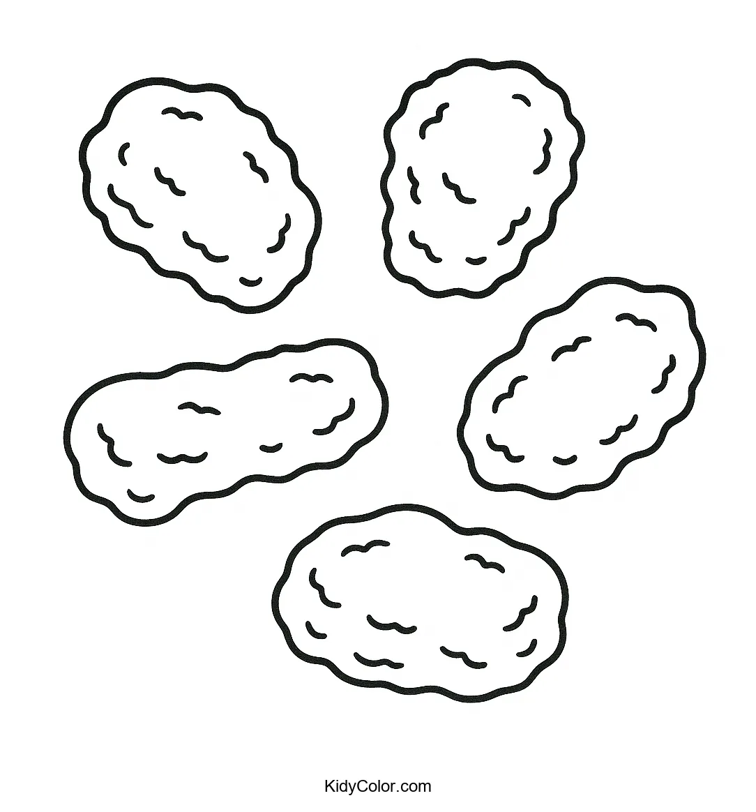 Coloring page of five unique chicken nuggets