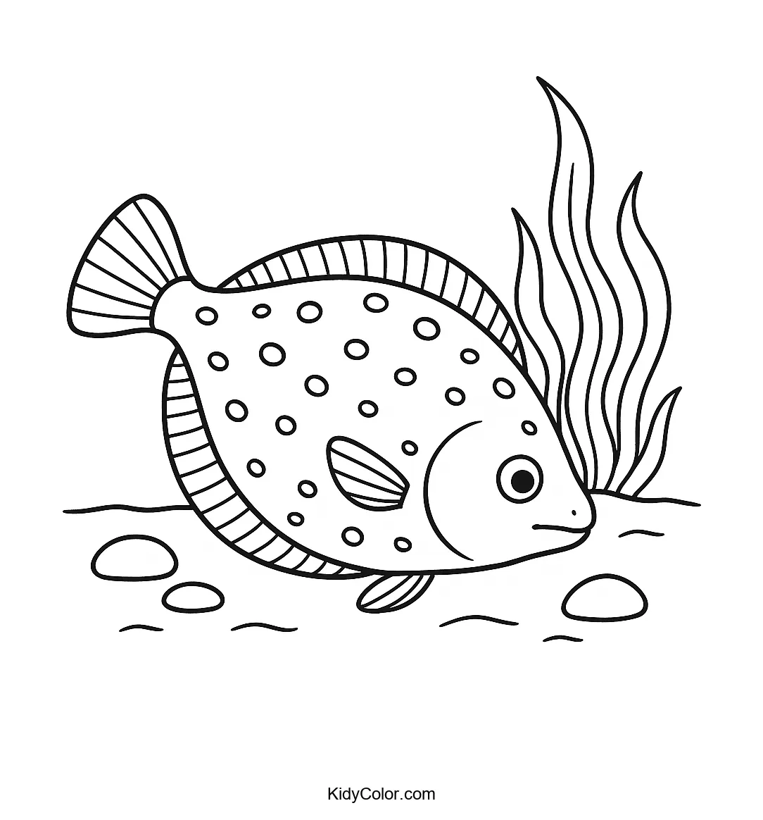 Flounder on a sandy ocean floor coloring page
