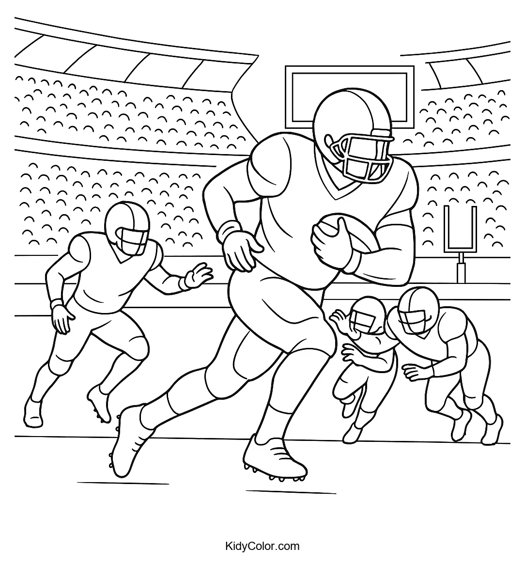 Coloring page of kids playing football in a stadium