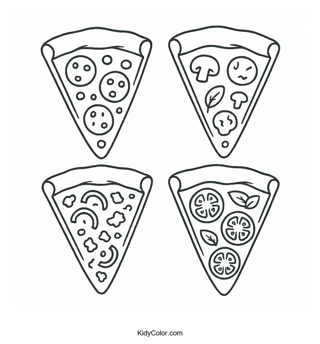 Coloring page with four distinct pizza slices
