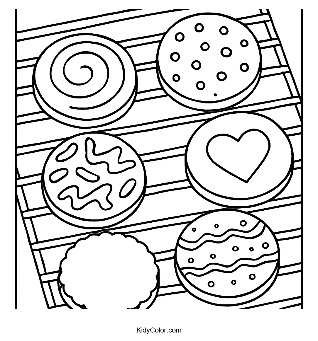 Coloring page of cookies on a cooling rack