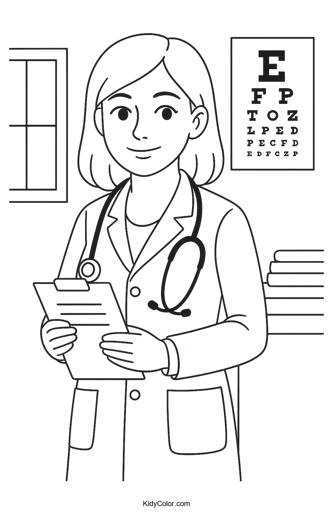 Friendly doctor in a medical office coloring page