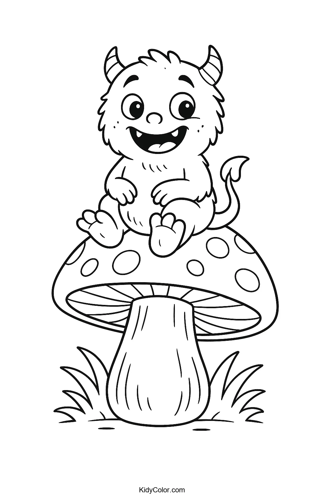 Monster sitting on a mushroom coloring page