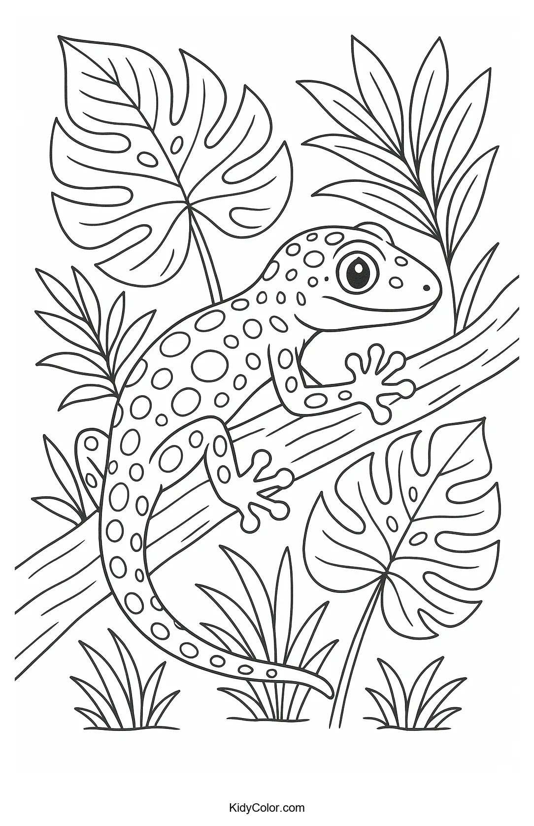 Gecko on a branch coloring page with leaves