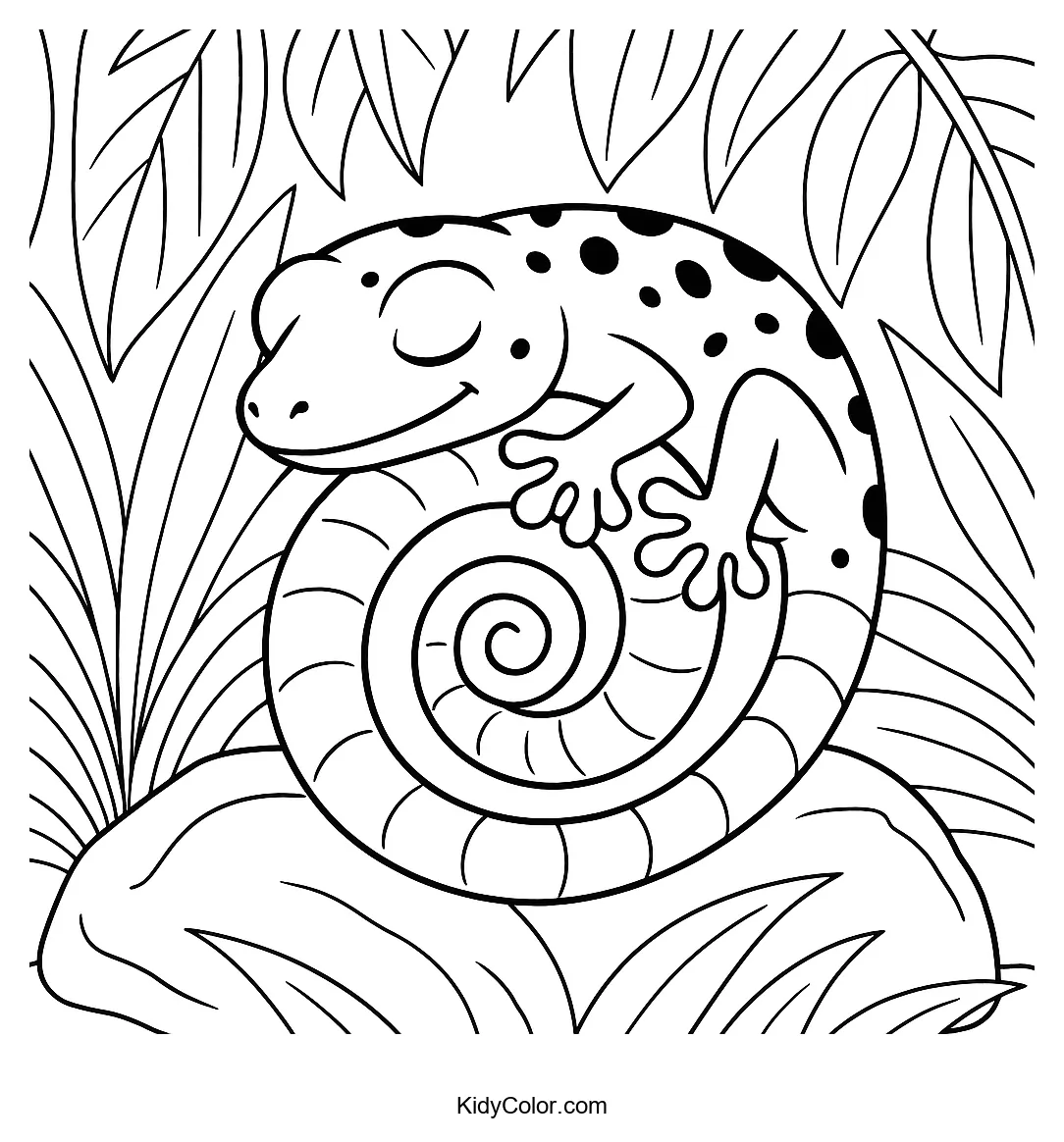 Gecko on a fern frond line drawing