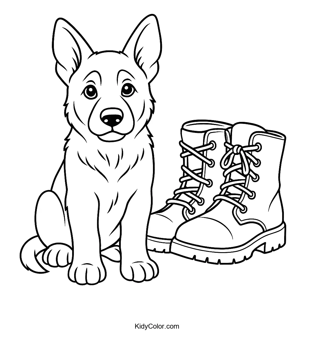 German Shepherd puppy with boots coloring page