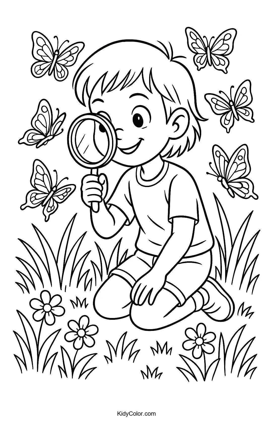 Girl watching butterflies in a meadow