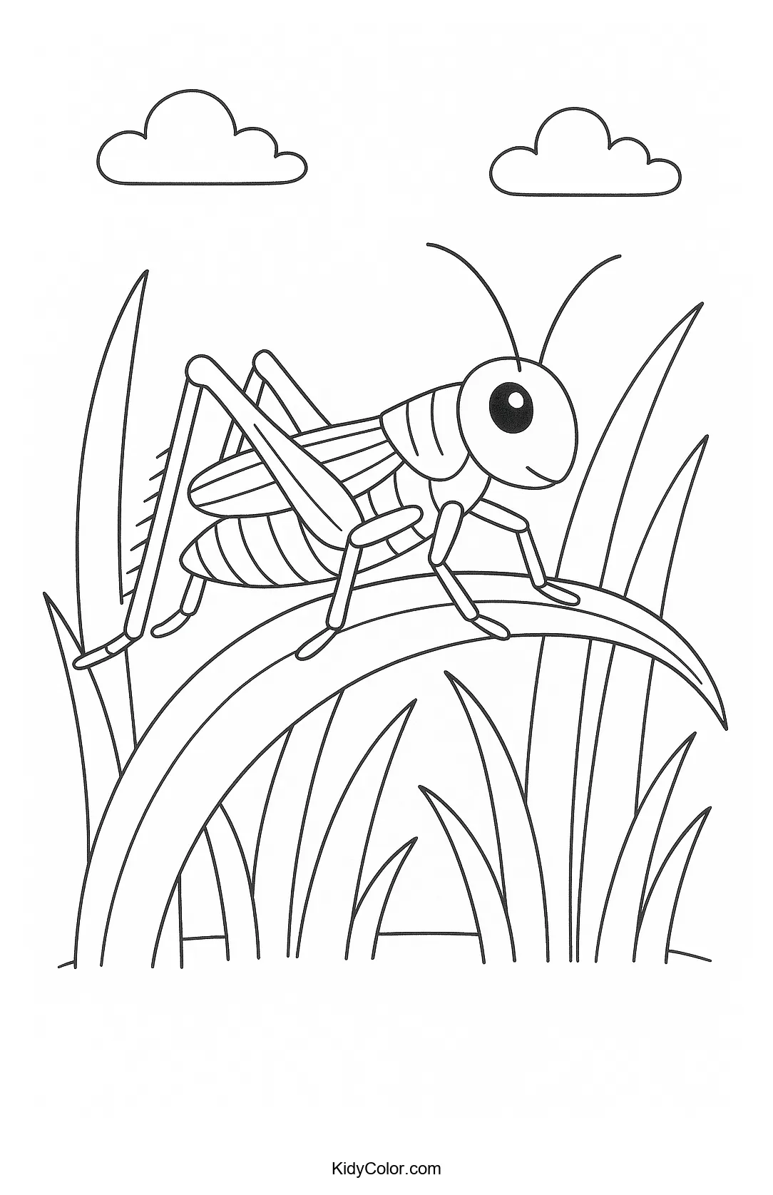 Coloring page of a grasshopper on a curved grass stem.