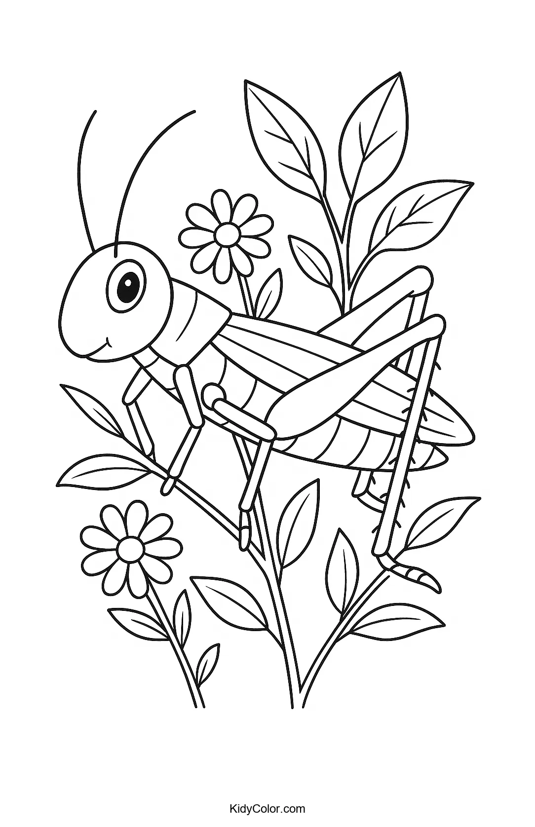 Coloring page of a grasshopper on a plant stem