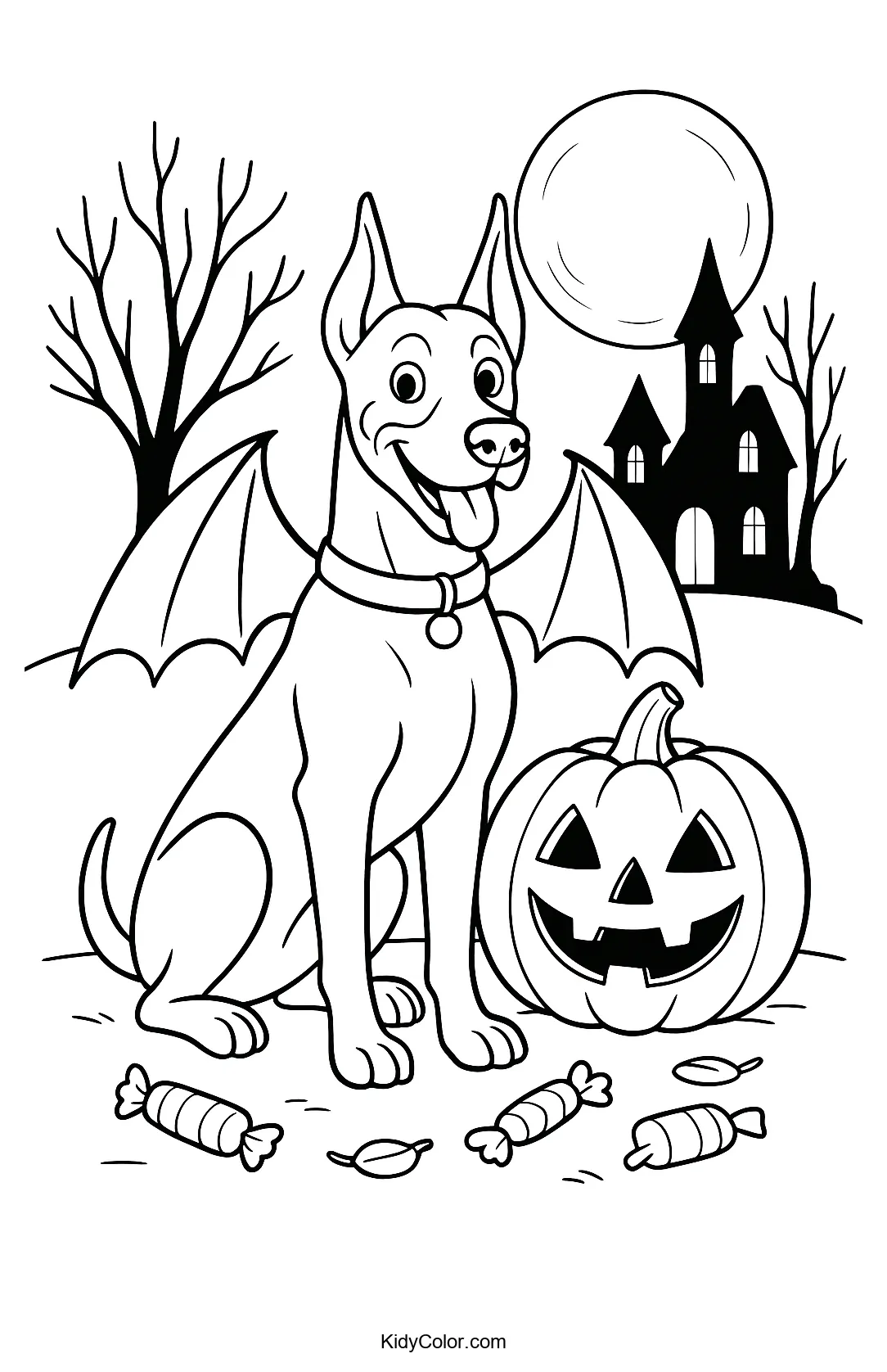 Halloween dog in bat costume coloring page
