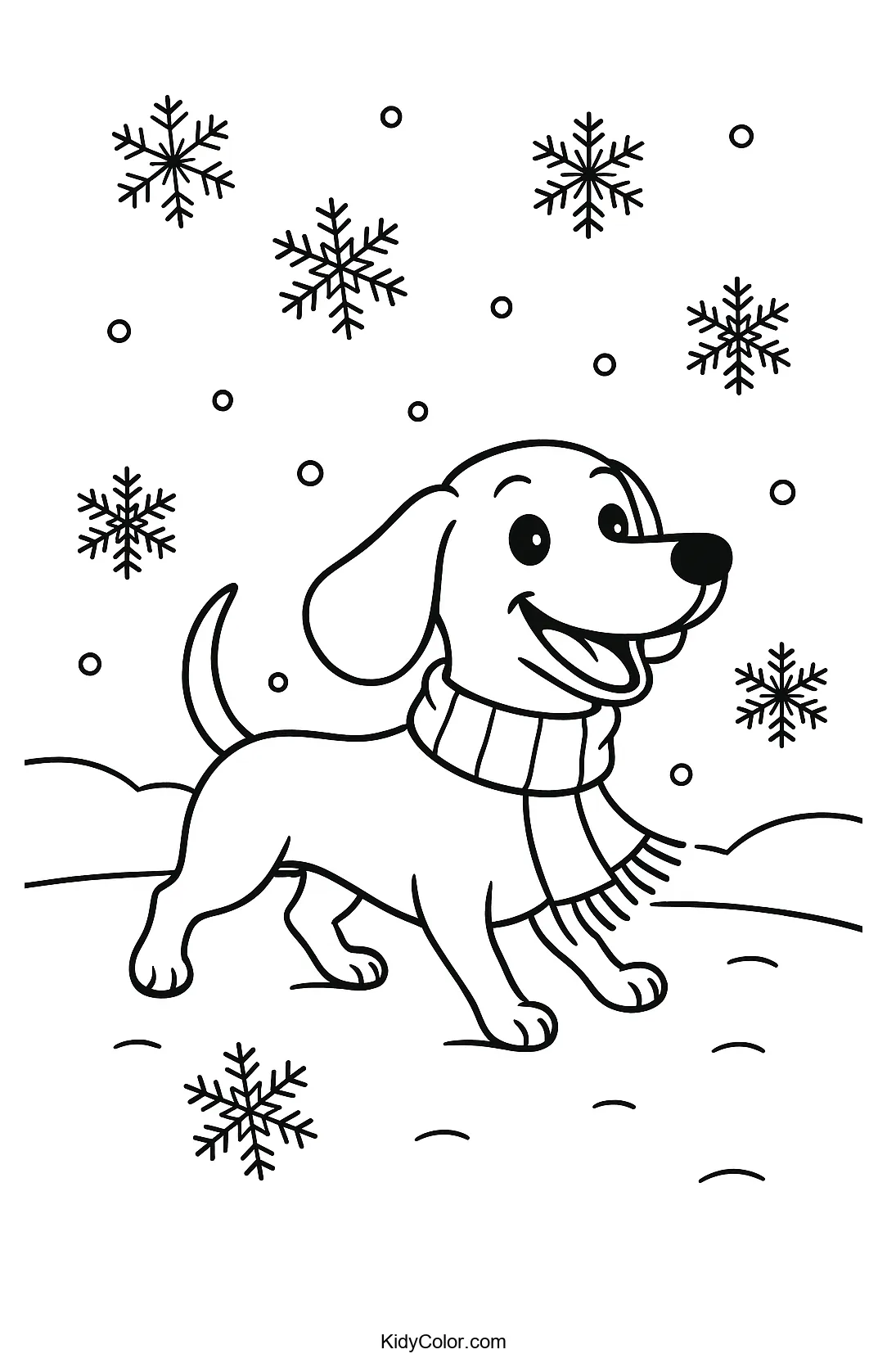 Happy dachshund in a snowstorm coloring page