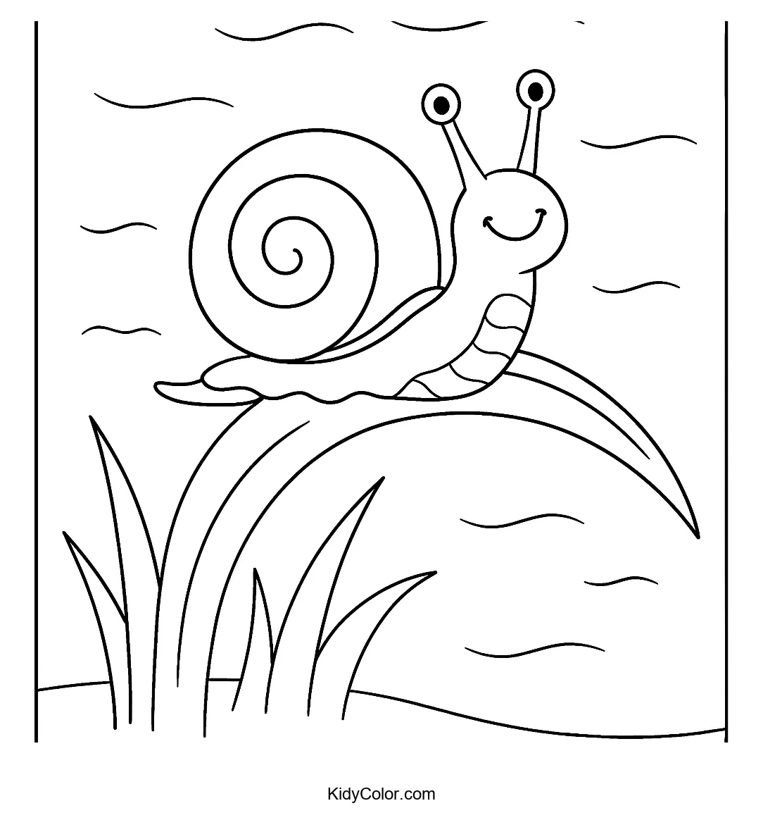 Coloring page of a happy snail on curved grass