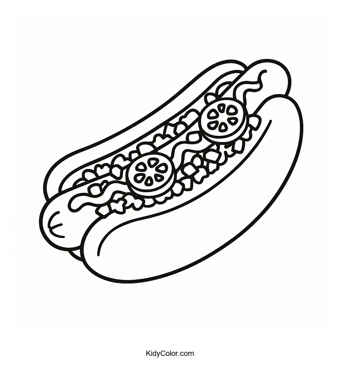 Coloring page of a hot dog with bold lines