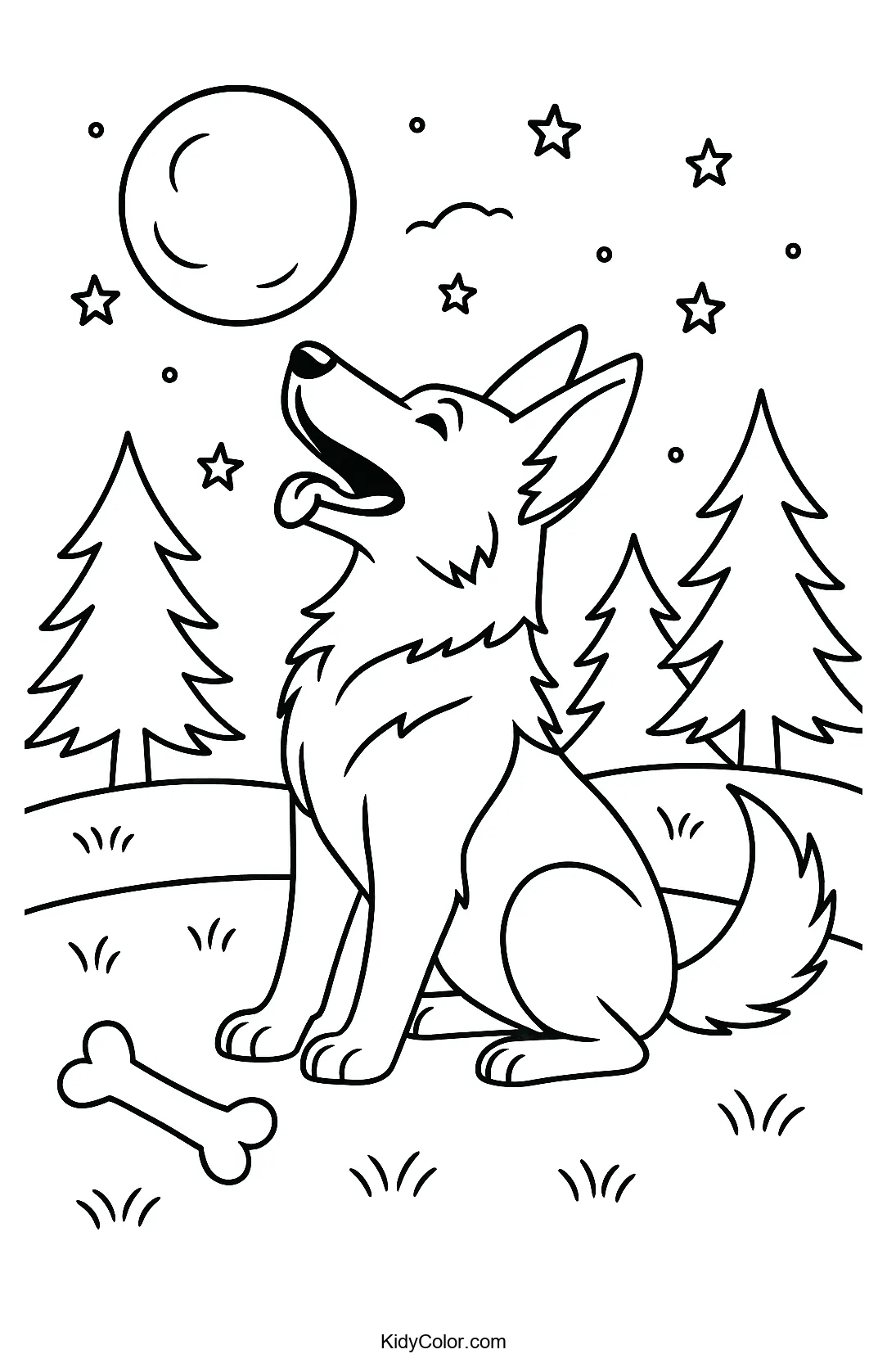 A shepherd howling at the full moon, ready to be colored.