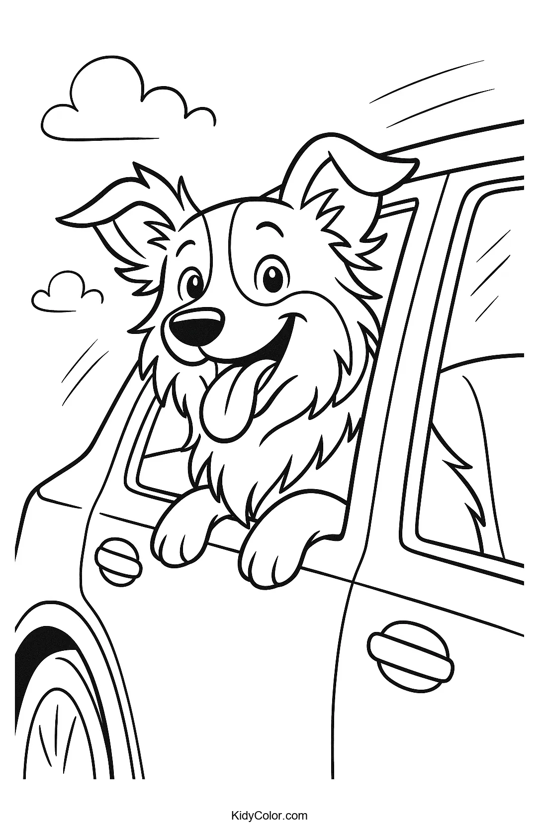Coloring page of a happy collie dog leaning out a car window