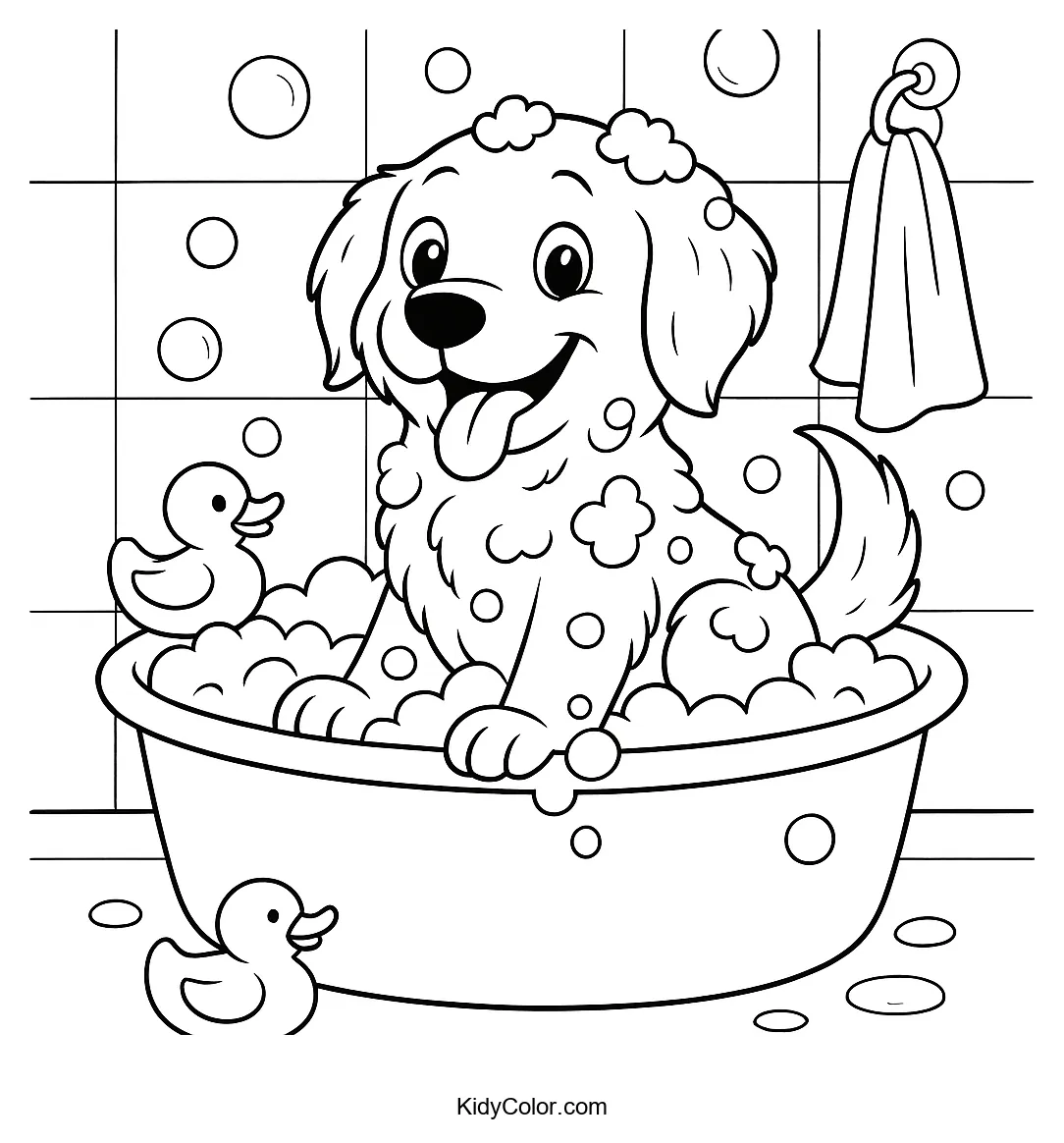 Puppy in a bubble bath coloring page