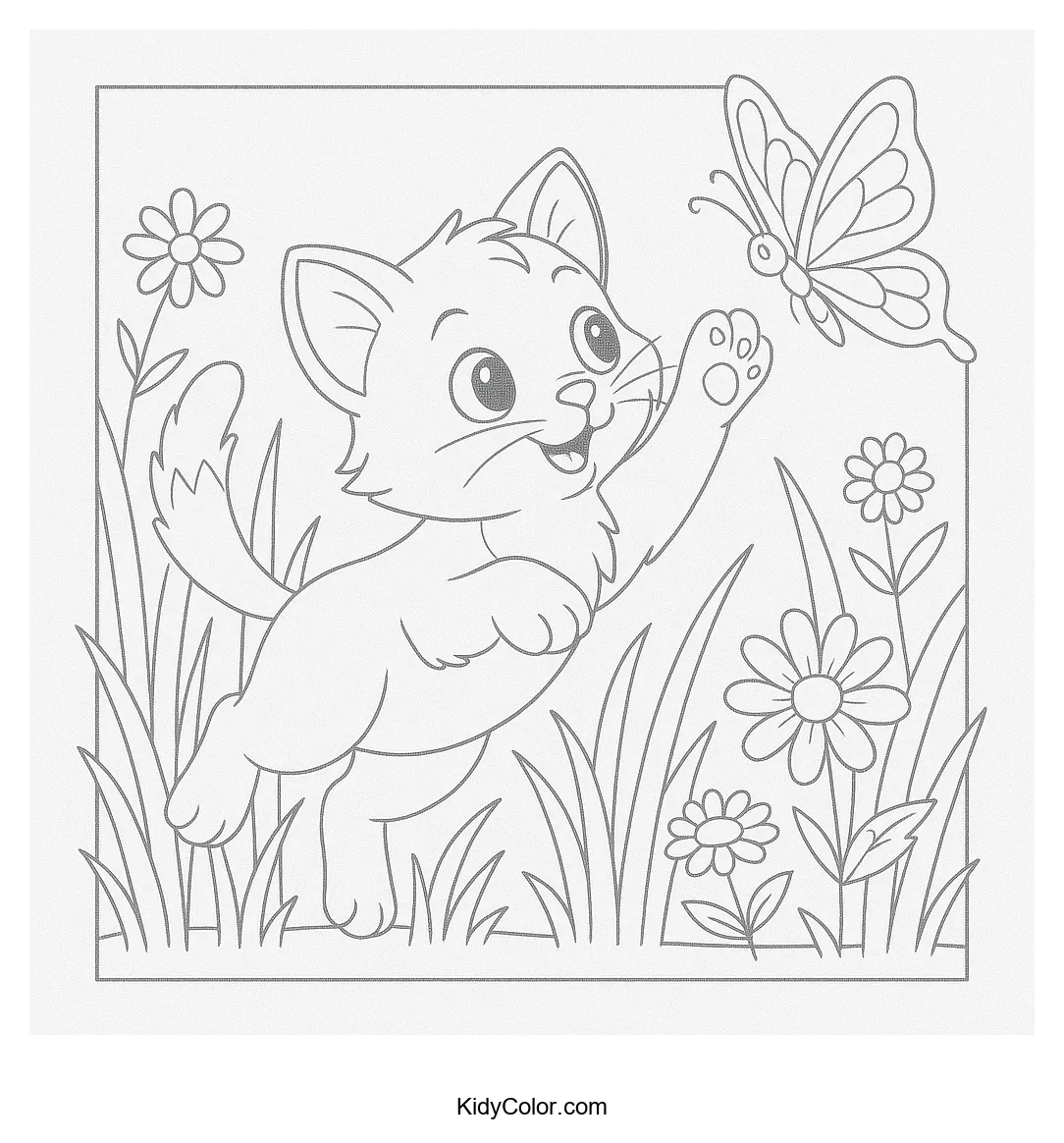Kitten chasing butterfly in garden