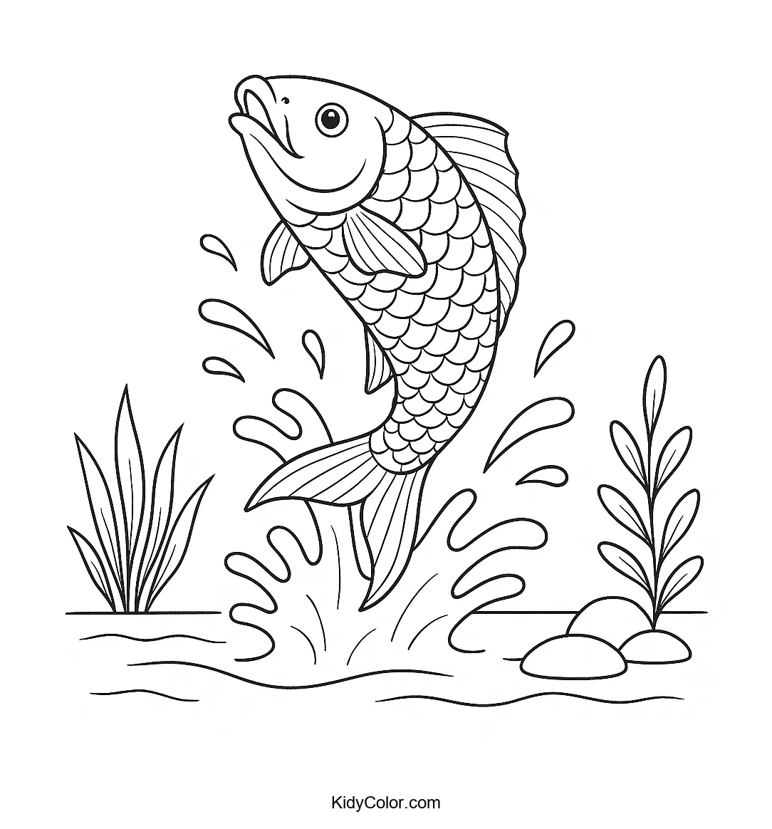 Koi carp leaping above the water coloring page
