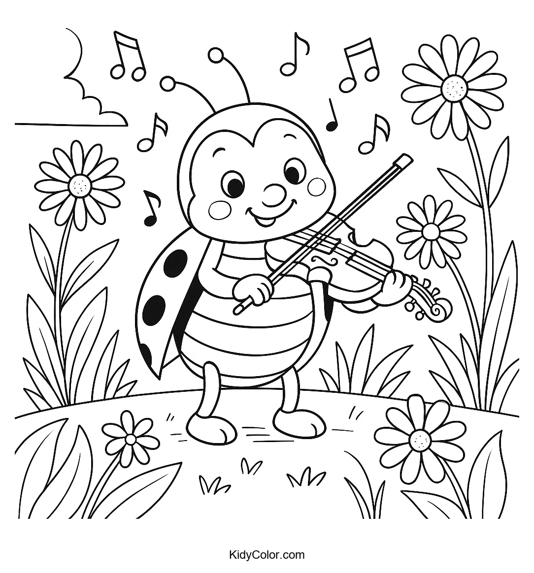 Ladybug playing violin in a garden