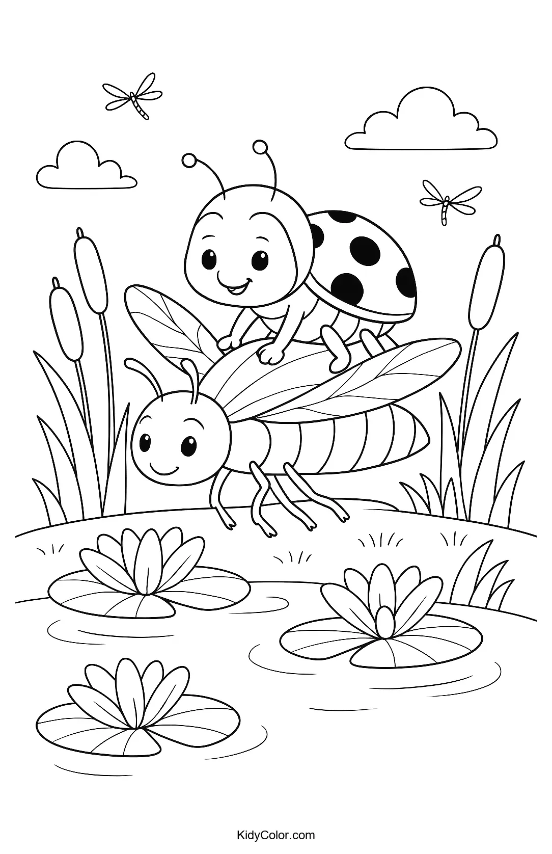 Ladybug and dragonfly on a pond