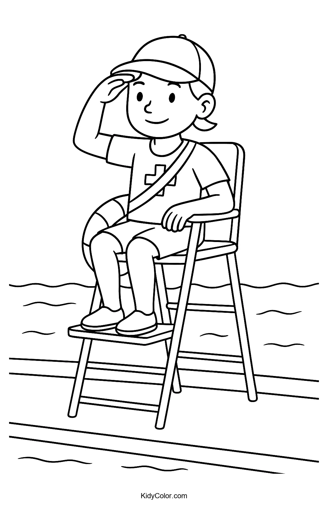 Coloring page of a lifeguard on duty at a pool
