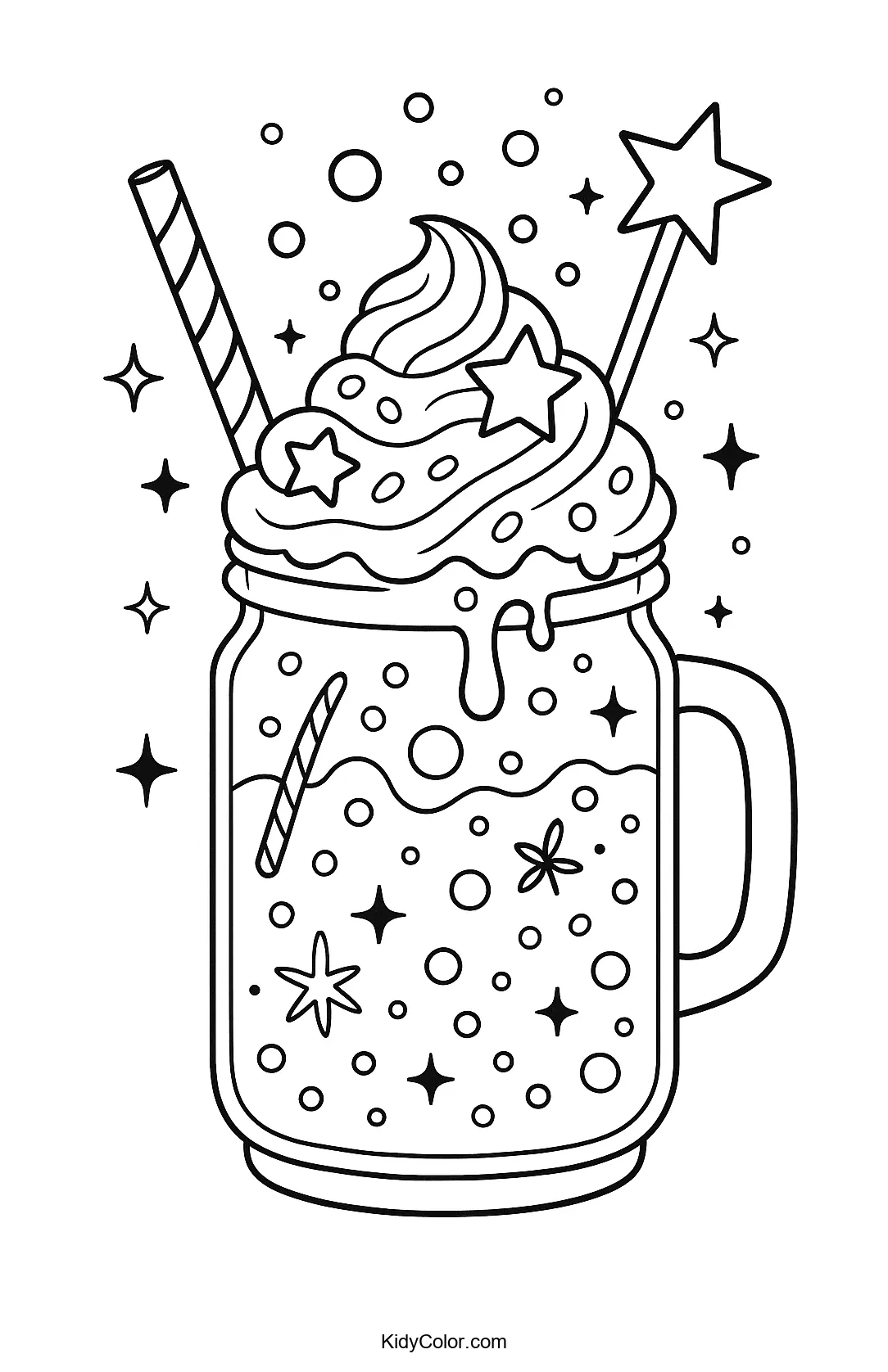 Coloring page of a milkshake with starry swirls.