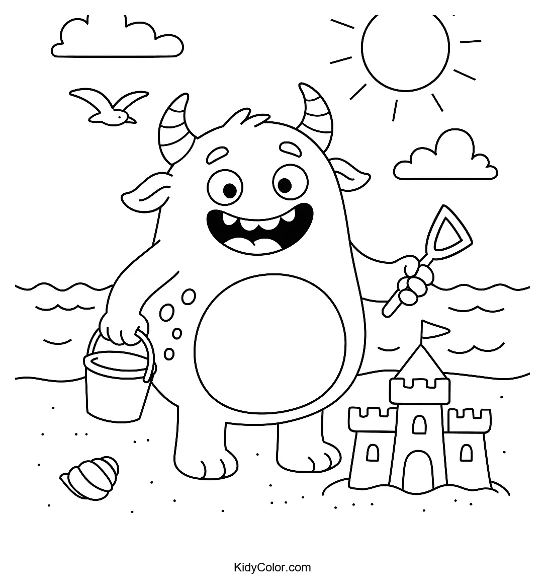 Monster building sandcastle at the beach