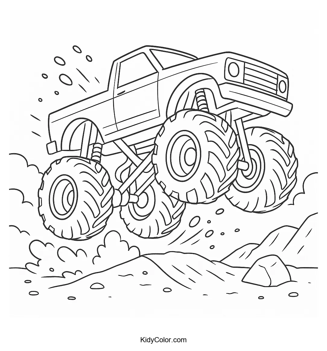 Monster truck doing a wheelie on a rugged track