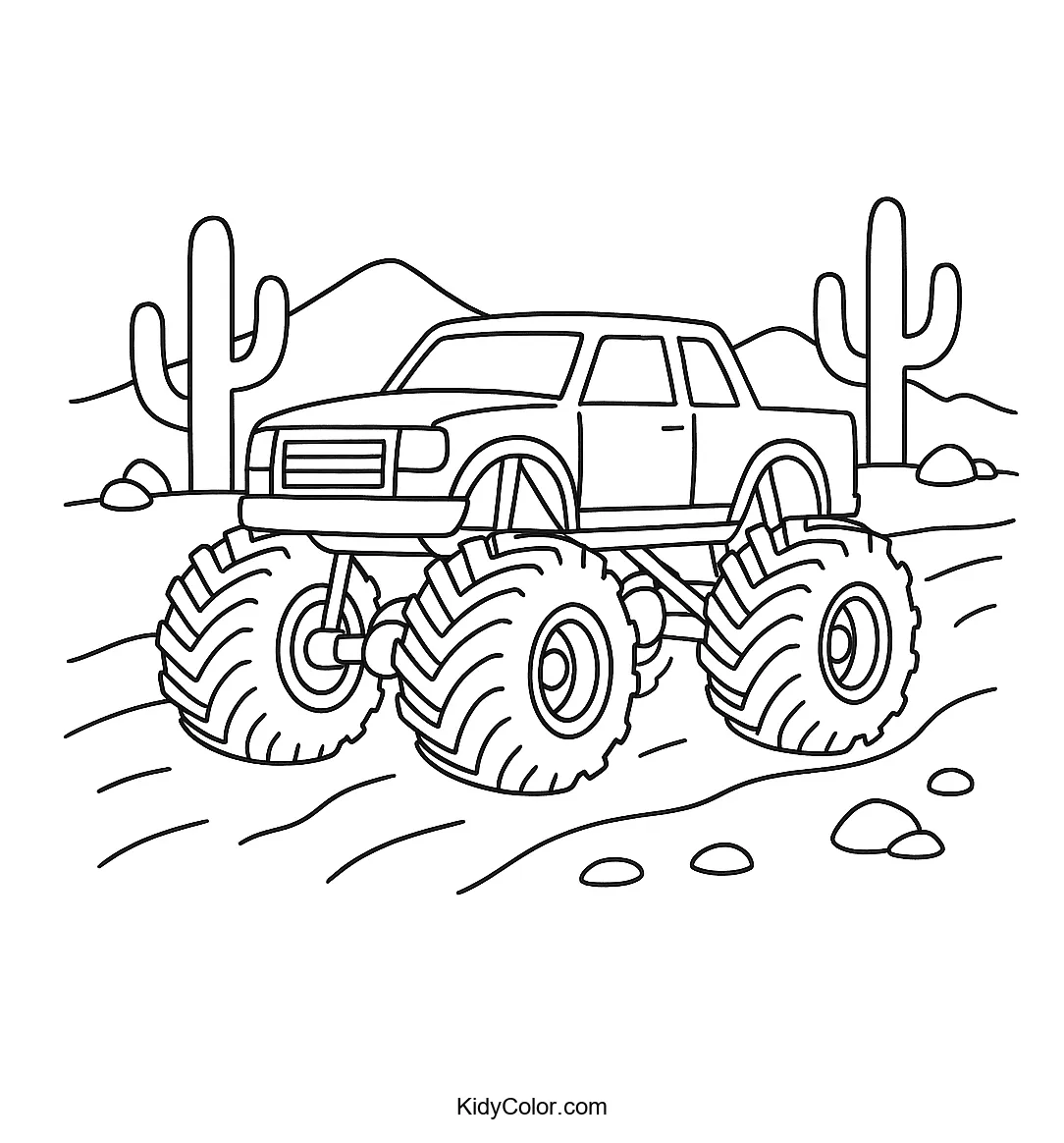 Monster truck on a desert trail coloring page