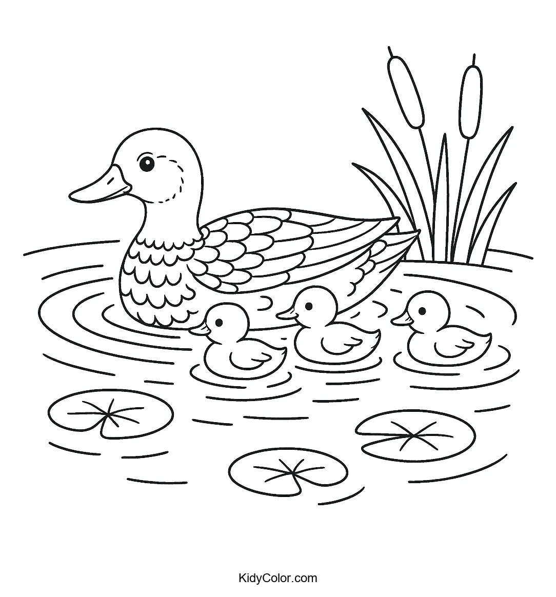 Mother duck and ducklings on a pond