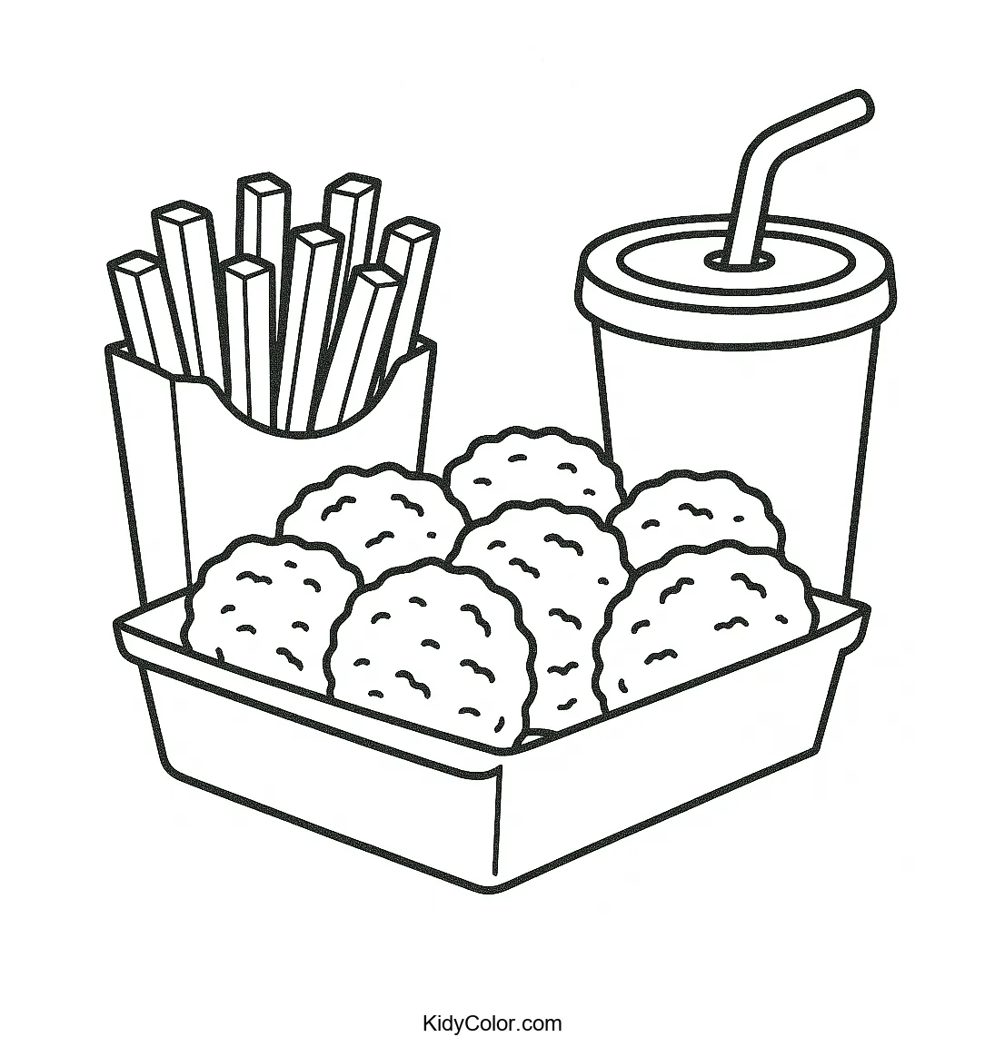 Coloring page of nuggets, fries, and a shake