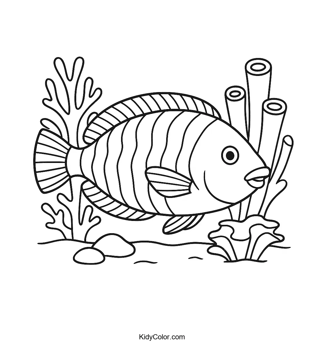 Coloring page of a parrotfish swimming among coral reefs.