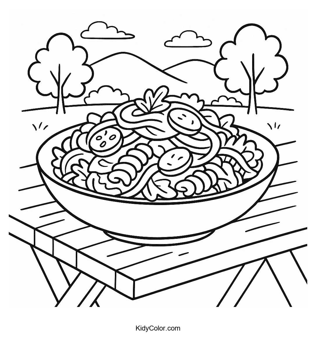 Pasta salad on a wooden table coloring page