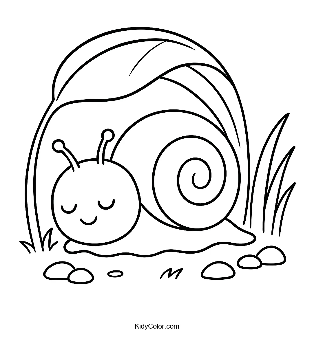 Coloring page of a snail under a leaf