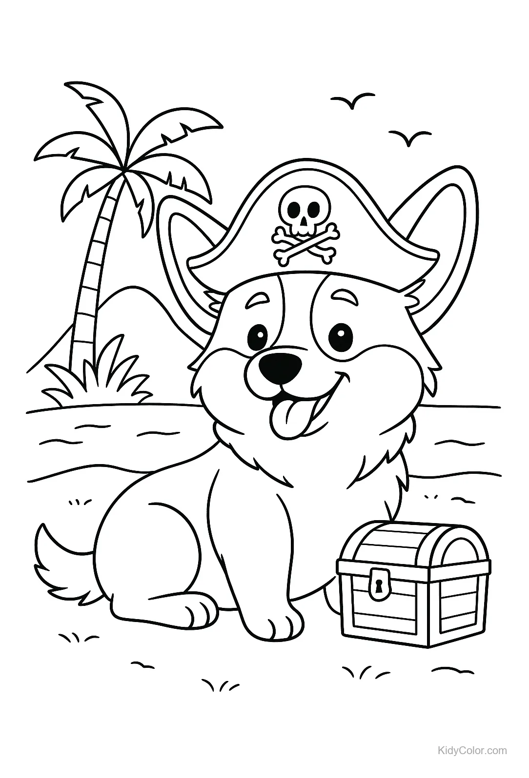 Pirat Corgi am Strand mit Schatztruhe und Palme.