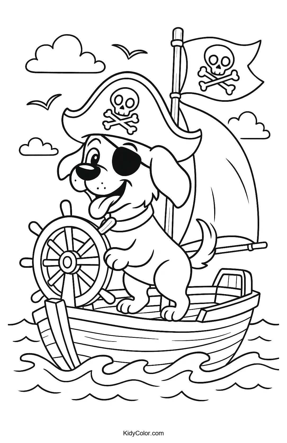 Pirate dog steering a ship's helm