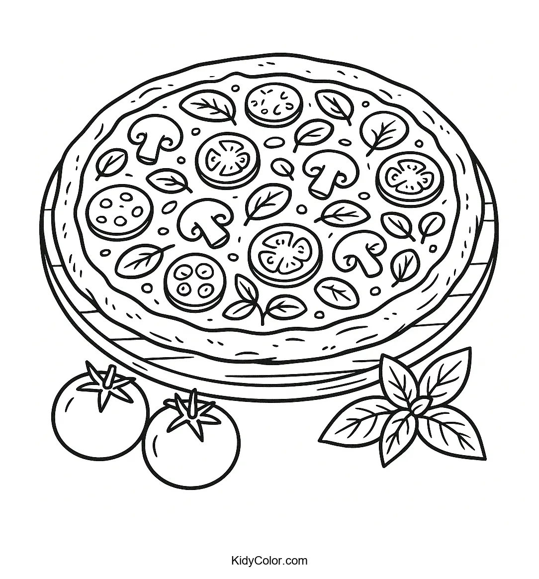 Coloring page of a pizza slice with basil and tomatoes
