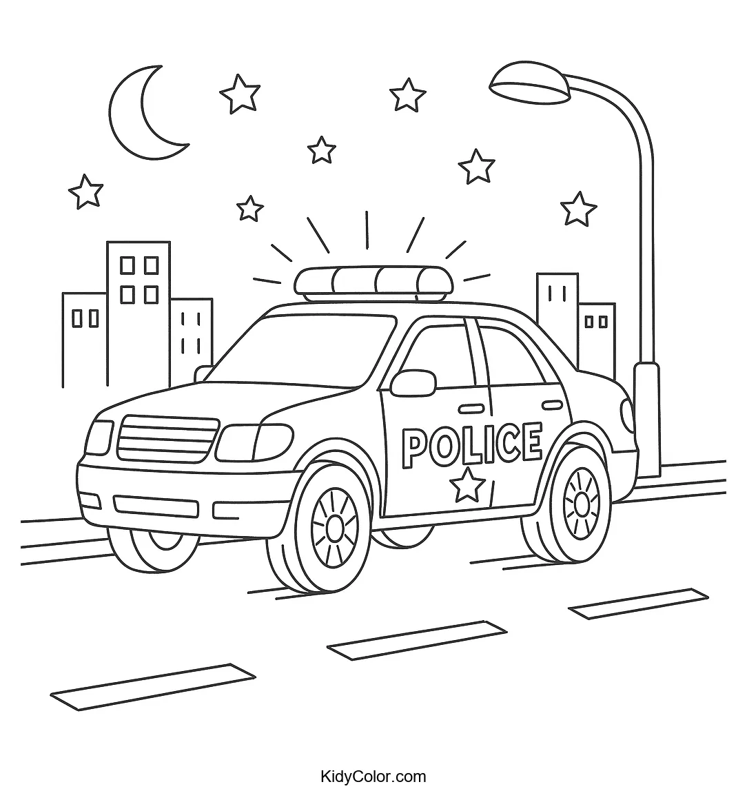 Police car under city lights for coloring