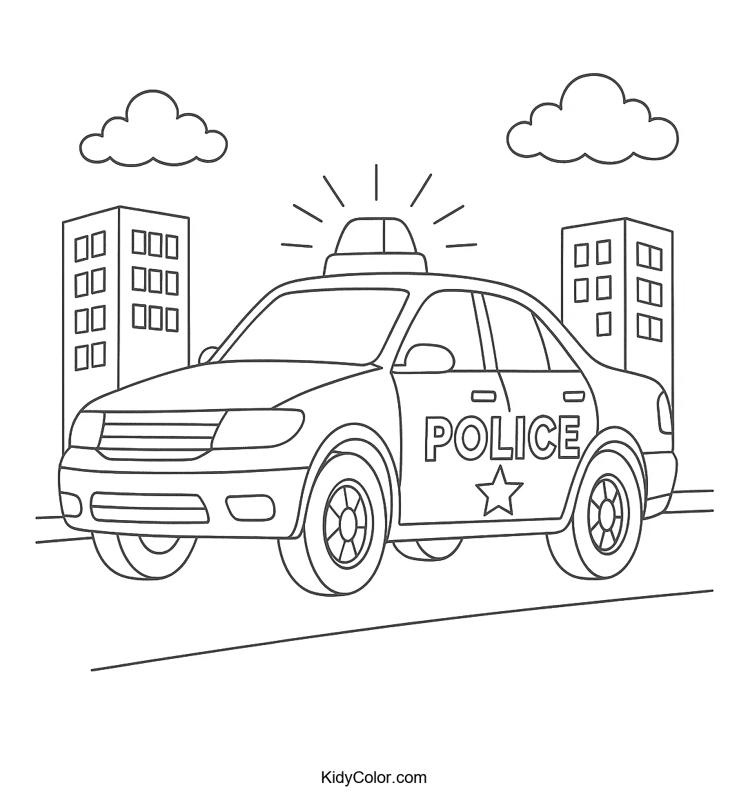 Police car driving on a city street coloring page