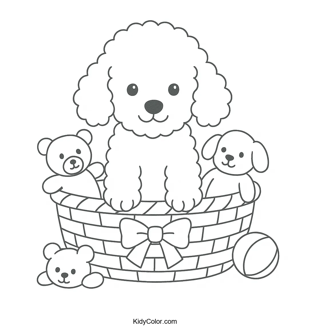 Poodle puppy in a basket with toys