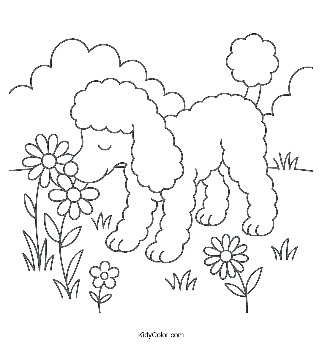 Poodle in a flower garden coloring page