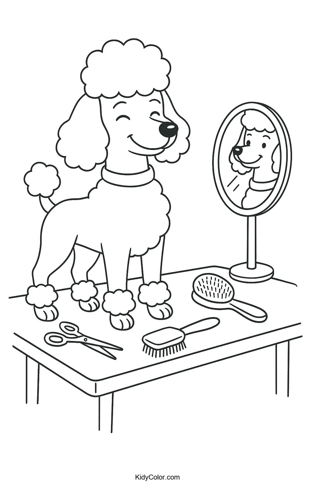 Poodle on grooming table coloring page