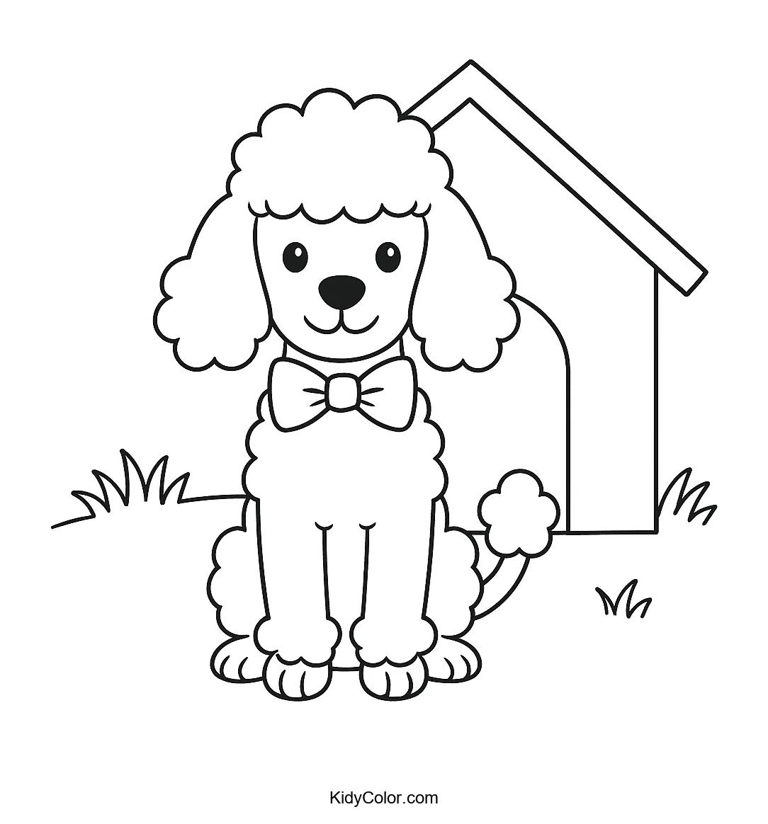 Poodle with a bow tie in front of a doghouse