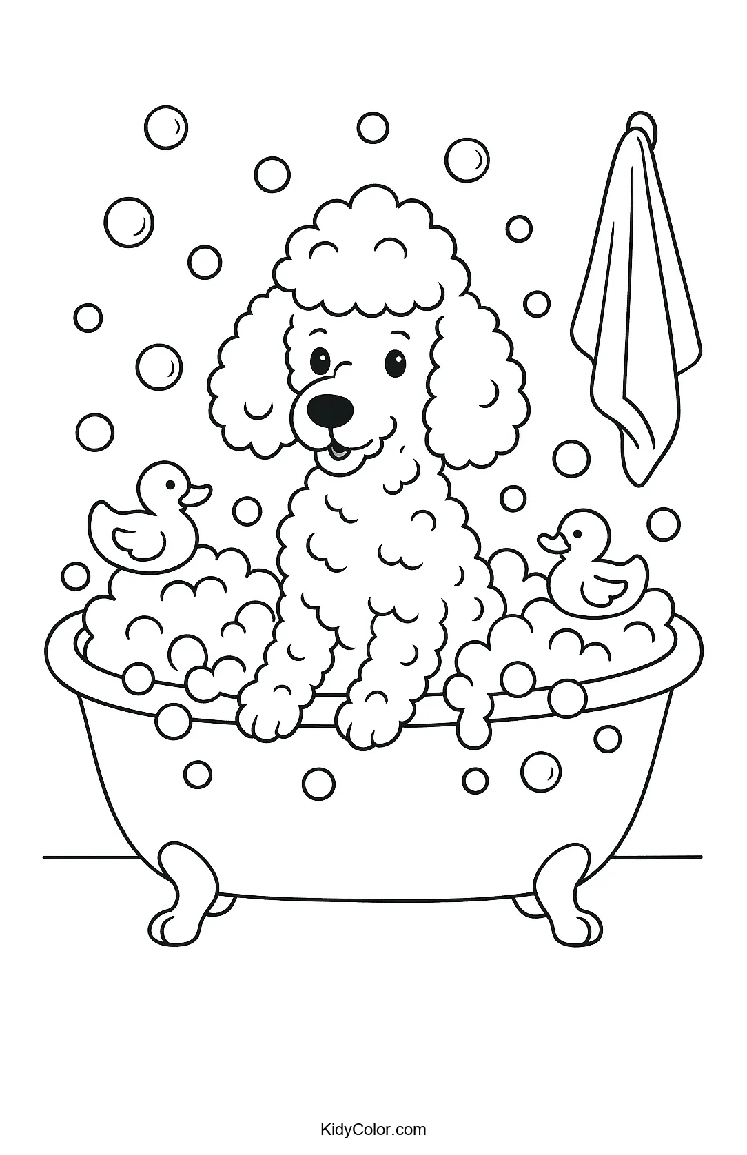 Poodle having a bubble bath coloring page