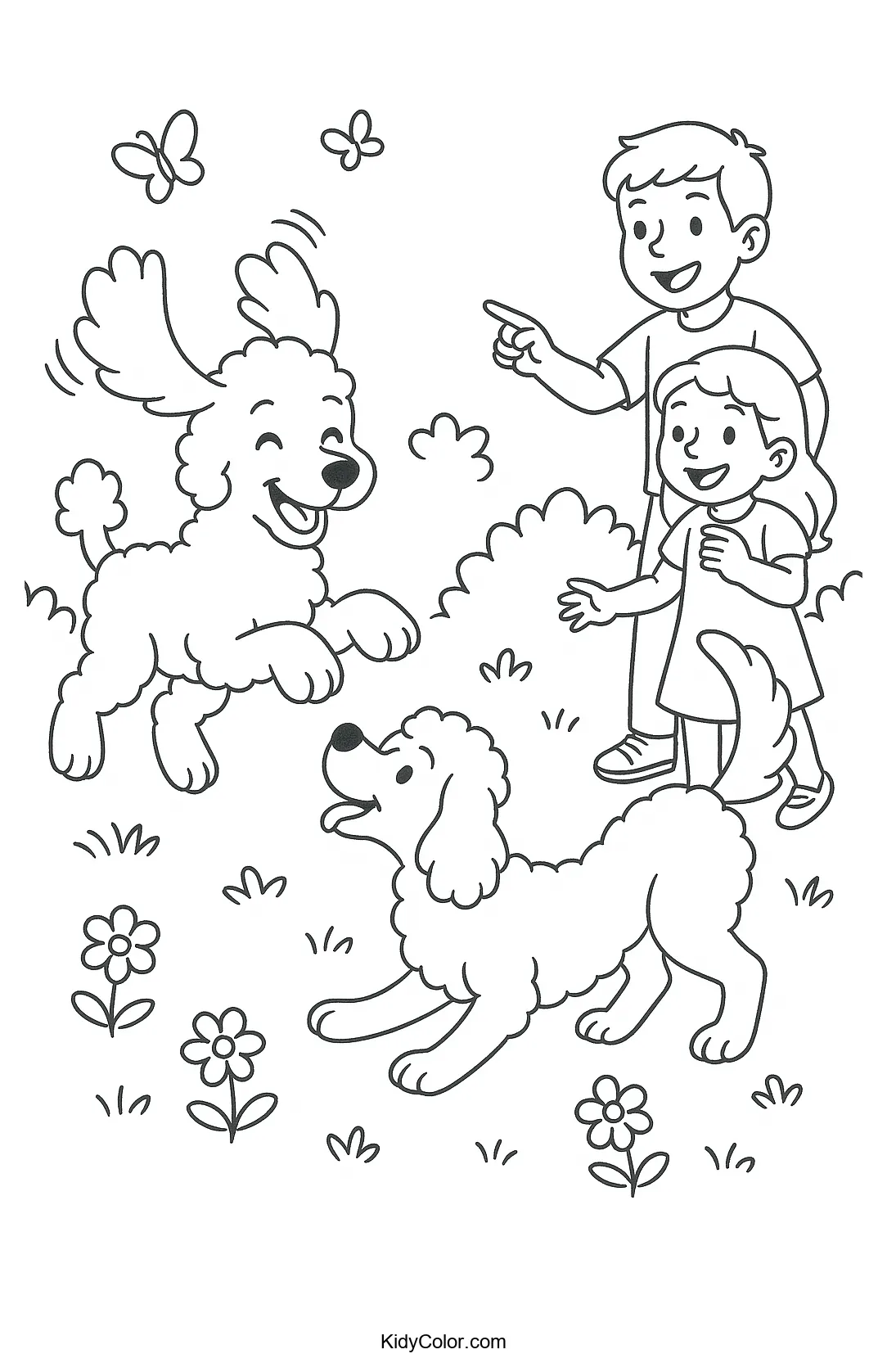 Poodles playing in a garden coloring page